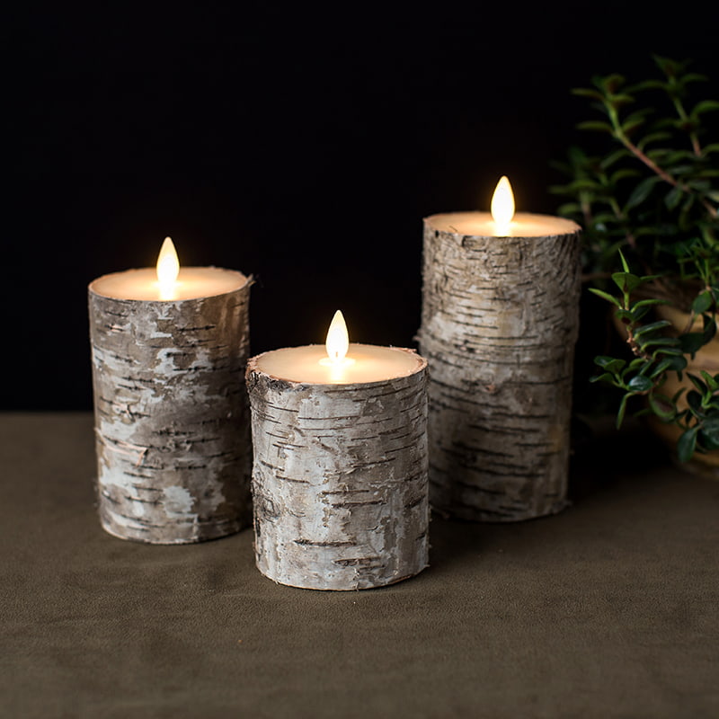Set 3 Lilin Tiang Kendalian Bateri Kulit Birch